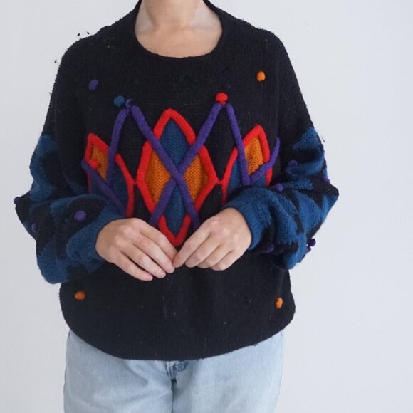 Vintage '80S Bay Club 30% Wool Black Knit w Multicolor Pom Pom Crew Sweater L - Picture 2 of 12